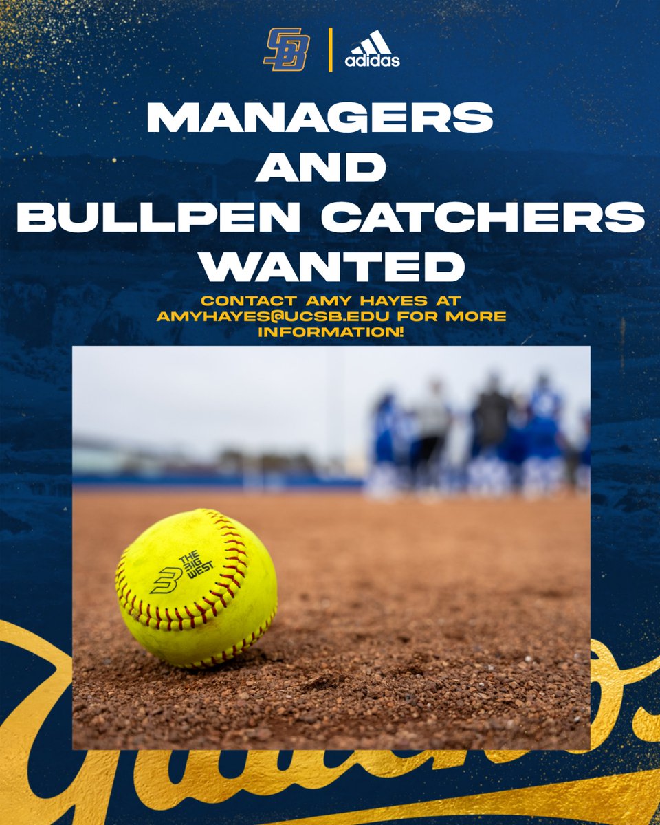 Want to join the UC Santa Barbara Softball family? 🥎

We're searching for UC Santa Barbara students interested in serving as student managers and bullpen catchers for the 2024-25 academic year! 

Email Assistant Coach Amy Hayes if interested! 📧

#GoGauchos