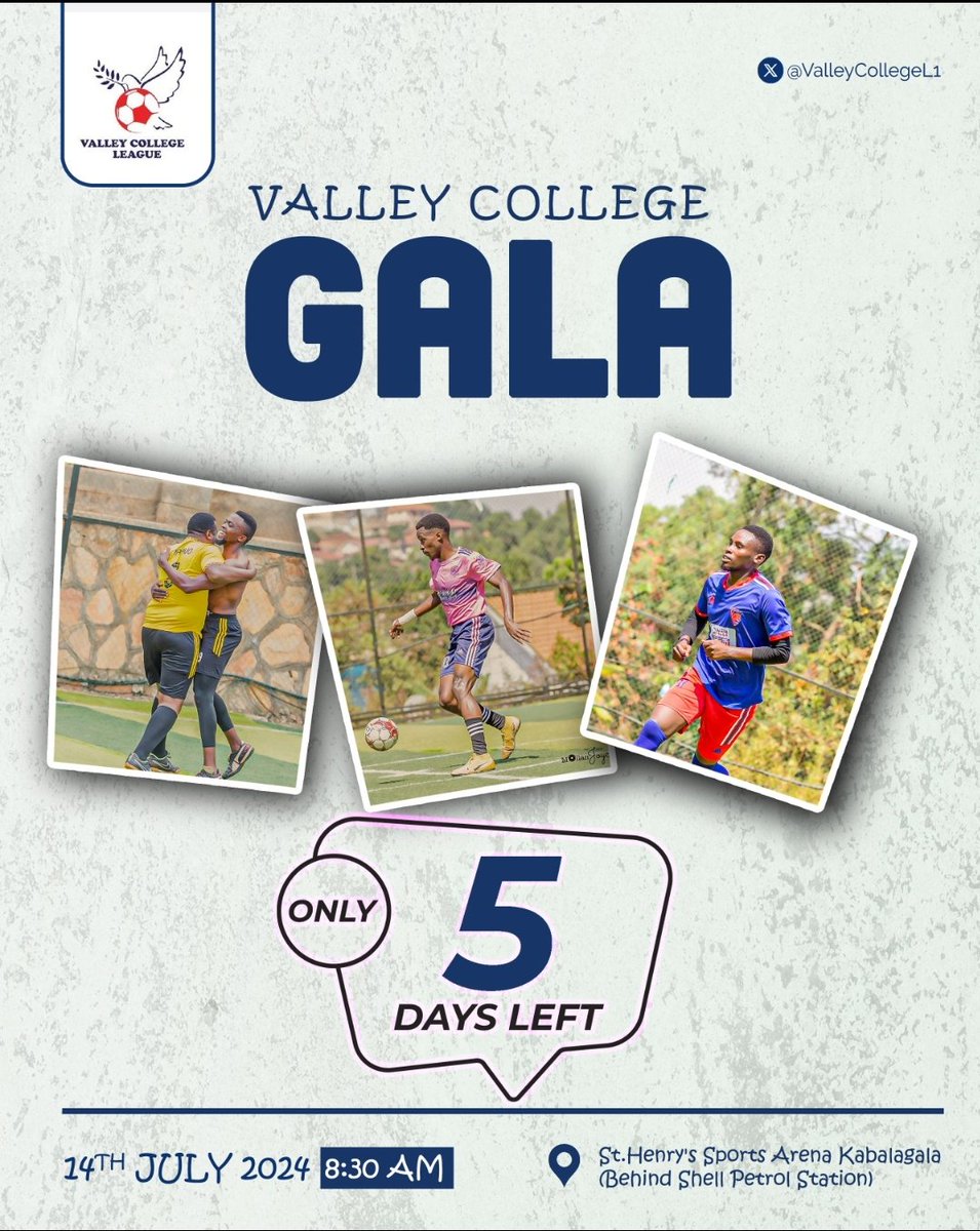Valley College League (@valleycollegel1) on Twitter photo 5Days to go...
This Sunday 14th July, 2024 Henry's Sports Center Kabalagala Behind Shell Petrol Station.
#ValleyCollegeGala2024 Tujja Tujja.
<a href="/DrBrianBilalK/">Mwebaze Kanaahe™ Dr.PH</a> 5Days to go...
This Sunday 14th July, 2024 Henry's Sports Center Kabalagala Behind Shell Petrol Station.
#ValleyCollegeGala2024 Tujja Tujja.
<a href="/DrBrianBilalK/">Mwebaze Kanaahe™ Dr.PH</a>