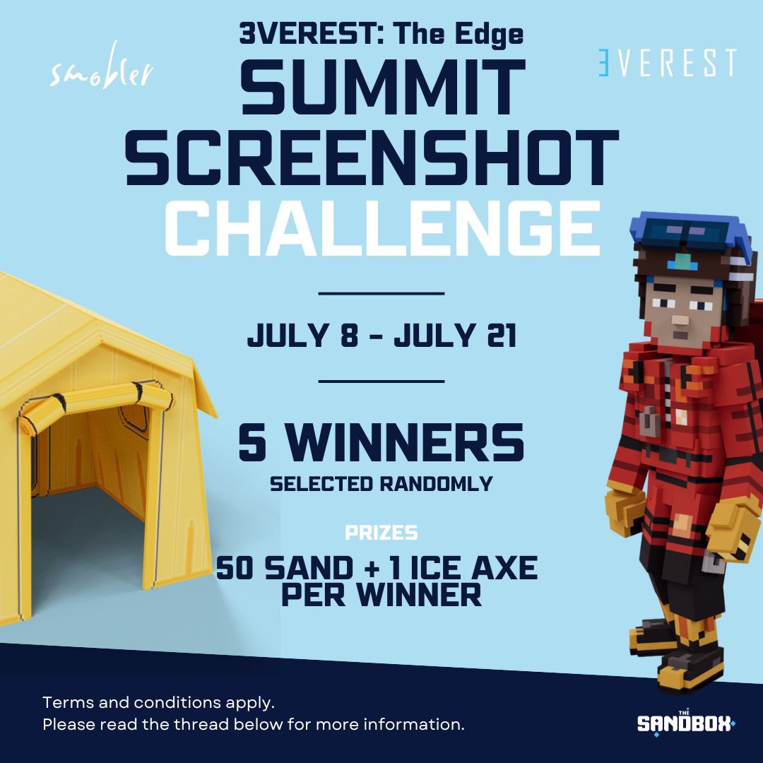 Hi Climbers! ✨🏔️✨

It’s been awhile since we’ve hosted a challenge… So let’s change that!

We’re giving away 50 $SAND &amp; 1 Ice Axe to 5 random winners!!!

Details in comments below 👇