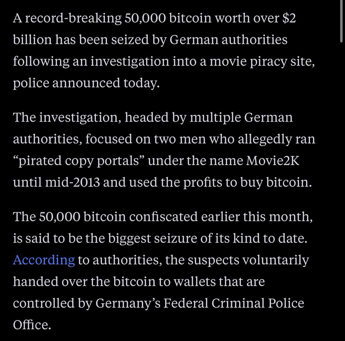 Ahhh so Germany seized 50,000 $BTC by seizing the movie pirating website “ Movie2k “

The founder of the site donated the $BTC to the government to avoid jail time