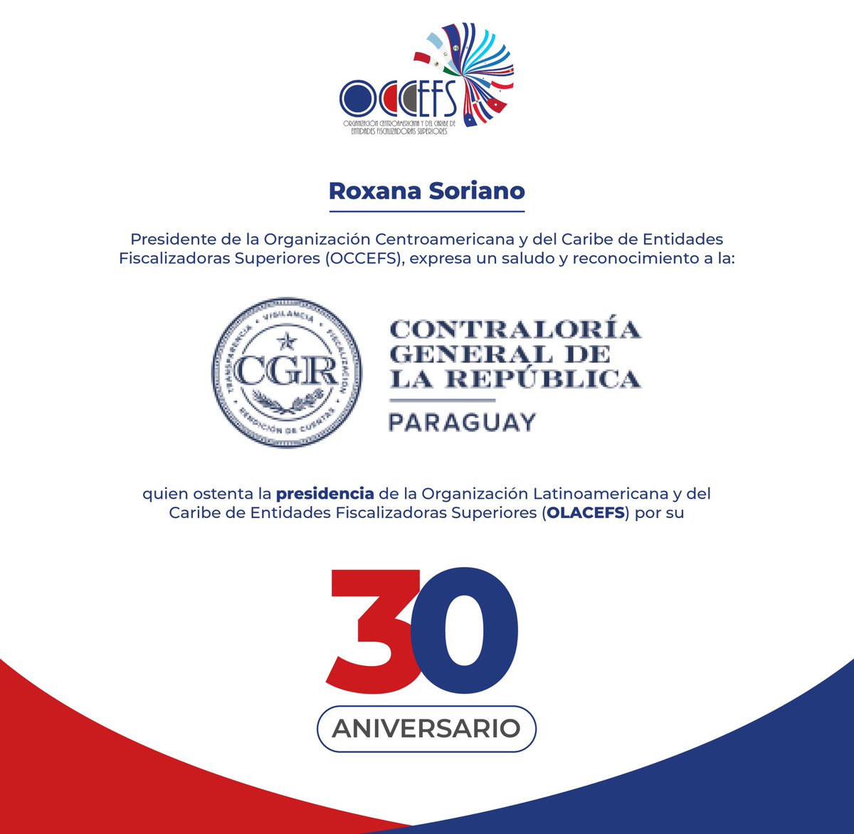 occefs's tweet image. Felicitamos a la @contraloriapy, quien actualmente preside a @OLACEFS_oficial, por sus 30 años al servicio de la ciudadanía como Entidad Fiscalizadora Superior de Paraguay. 🇵🇾

#OCCEFS 🤝 #OLACEFS