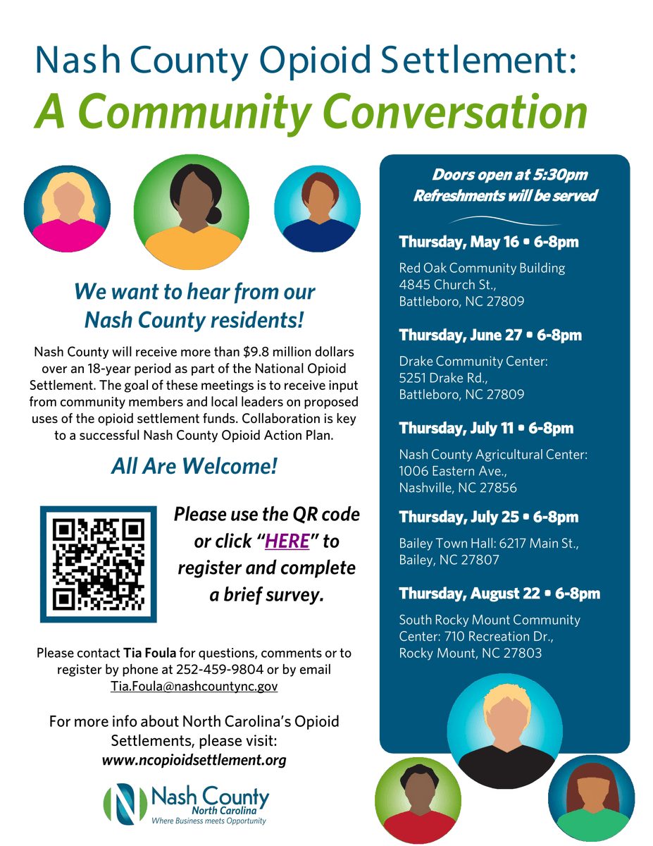 Attention all Nash County residents! 

Nash County is set to receive over $9 million as a result of the National Opioid Settlement and is seeking input from community members in developing an action plan. For more details on this discussion, see the flyer below! #ncpol