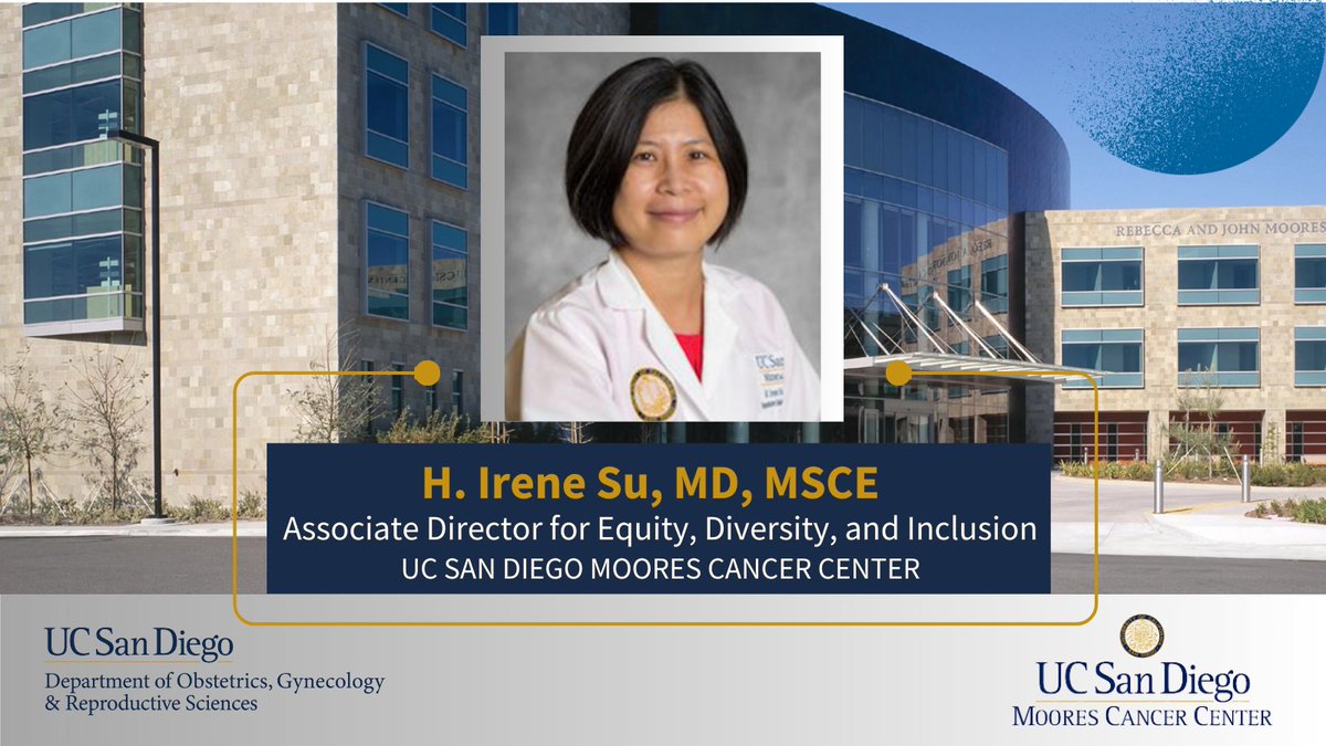Excited for <a href="/UCSD_ObGyn/">UC San Diego OBGYN</a>  faculty member <a href="/hirenesu/">Irene Su</a> on her new role as Associate Director for #DEI at the Moores Cancer Center, advocating for #healthequity in research, clinical care, and education <a href="/UCSDCancer_COE/">UCSD Health Moores Cancer Center COE</a>