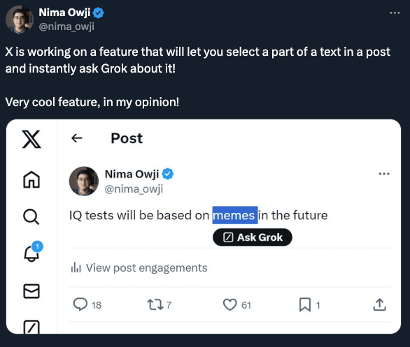 davidarngar's tweet photo. X (formerly Twitter) is going all-in on AI! 🤖 New leaks reveal deeper Grok integration, letting you ask about X accounts, search within posts, and more – all without leaving the app. Will this be enough to combat declining revenue and competition? 🤔 #xAI #Grok #twittermigration https://t.co/rjqwFroa0f