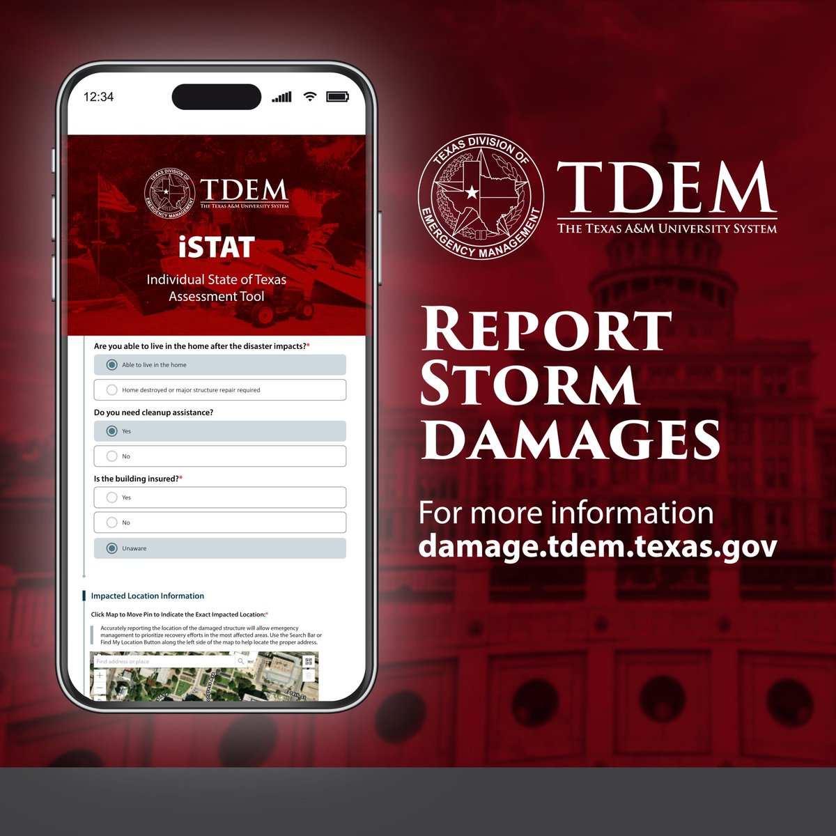 TDEM's tweet image. If you sustain property damage as a result of #HurricaneBeryl— submit an online damage report to TDEM.

Report Damage: damage.tdem.texas.gov

This info helps officials connect impacted Texans with resources &amp;amp; services.

#txwx