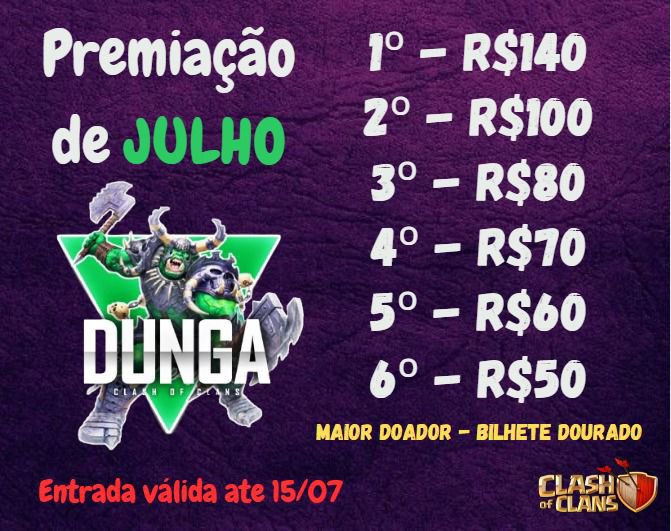 Postando novamente agora que as ligas estão acabando, os participantes podem entrar até o dia 15

Premiação de julho no push do Dunga 🔥

DUNGA link.clashofclans.com/pt?action=Open…