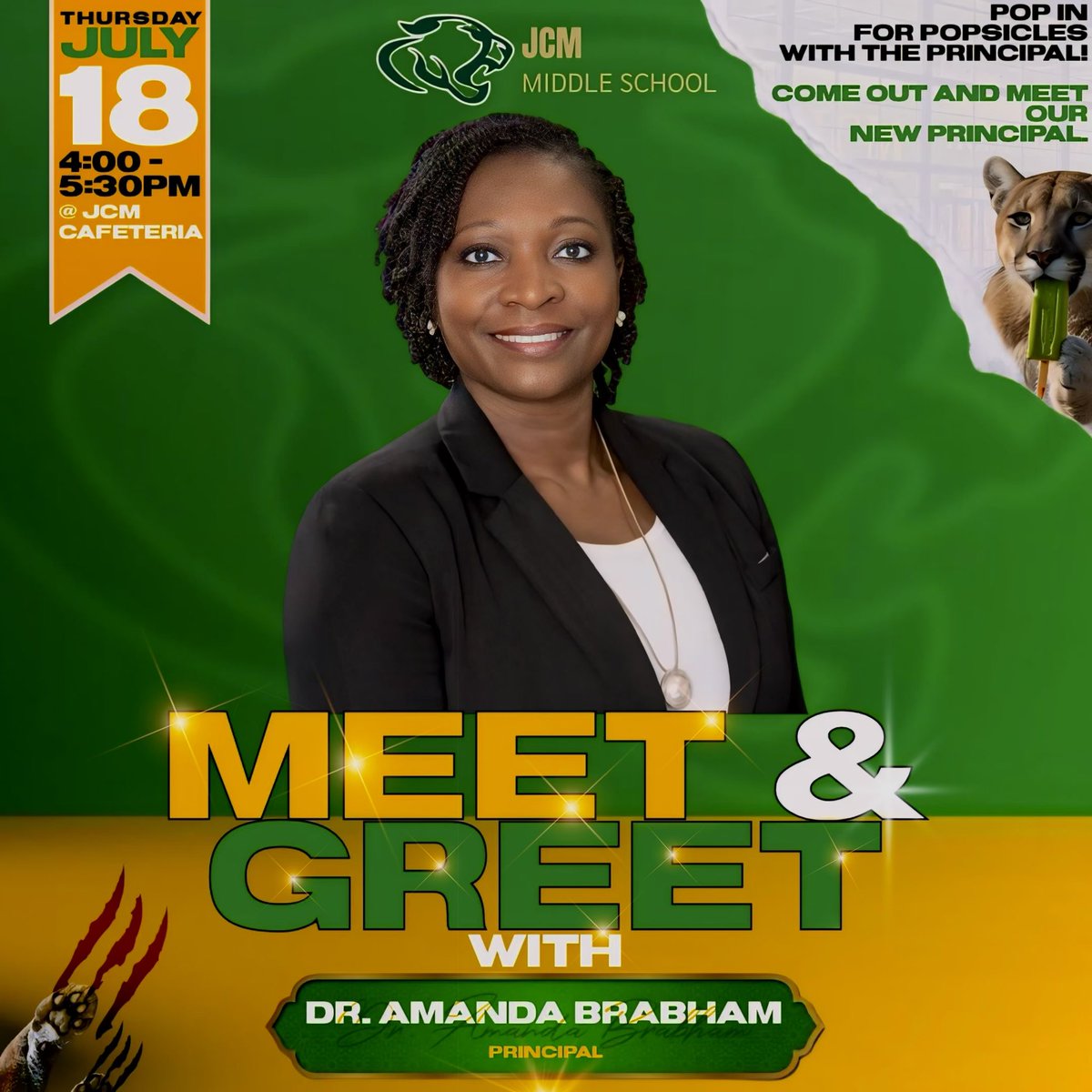 PARENTS, STUDENTS and COMMUNITY MEMBERS are Cordially Invited to JCM Middle School to MEET Our New Principal, Dr. Amanda Brahbam!!!!!! #CougarPride <a href="/jcmmscougars/">Jackson Central-Merry Middle School</a> <a href="/suptking/">Marlon D. King</a>