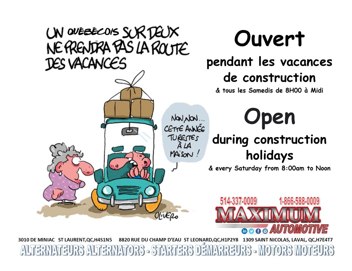 MAXIMUMAUTO's tweet image. Votre entretien mécanique commence avec nous !
Your fleet maintenance starts with us! 

#wesellautoparts #alternators #startergenerators  #motors #wipermotors #truckparts #heavyequipmentparts #quebecconstructionholiday #vacancesdeconstruction #quebecvacancesdeconstruction