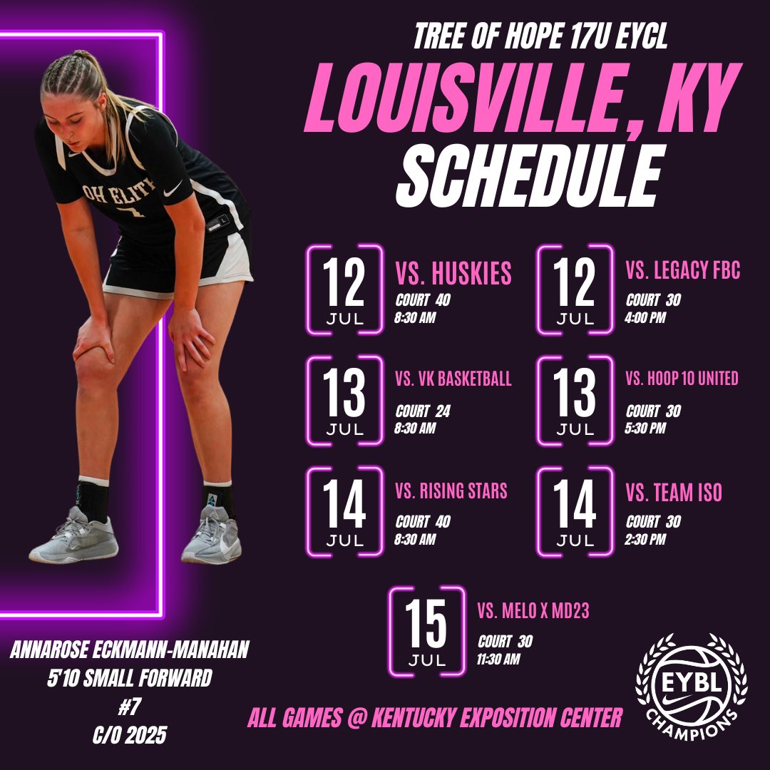 Tree of Hope 17U Elite EYCL’s schedule for Session #3 in Louisville, Kentucky.

Excited to get back on the road!