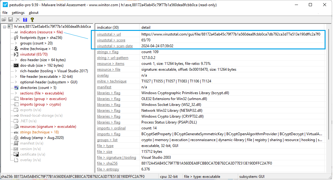 ochsenmeier's tweet image. #pestudio 9.59 now shows more details related to @virustotal 
#malware #stealer #infosec