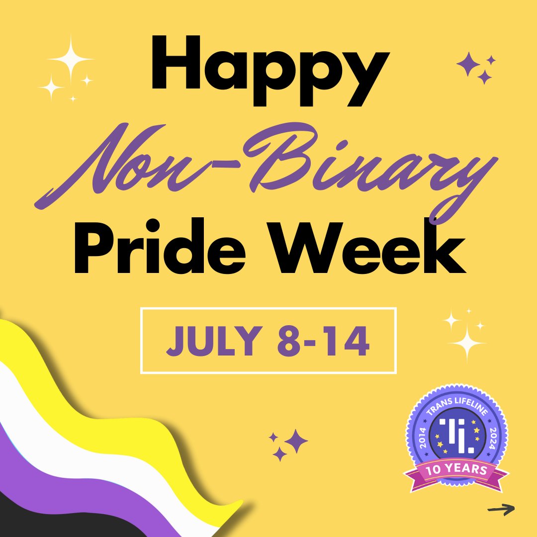 TransLifeline's tweet image. 🌈 Happy Non-Binary Pride Week! 🌟 Celebrate the amazing non-binary community and all the ways people express their identities! 💛🤍💜🖤 Whether you’re non-binary, genderqueer, or exploring your journey, this week is about YOU. You are valid, seen, and loved. 💖 #NonBinaryPride