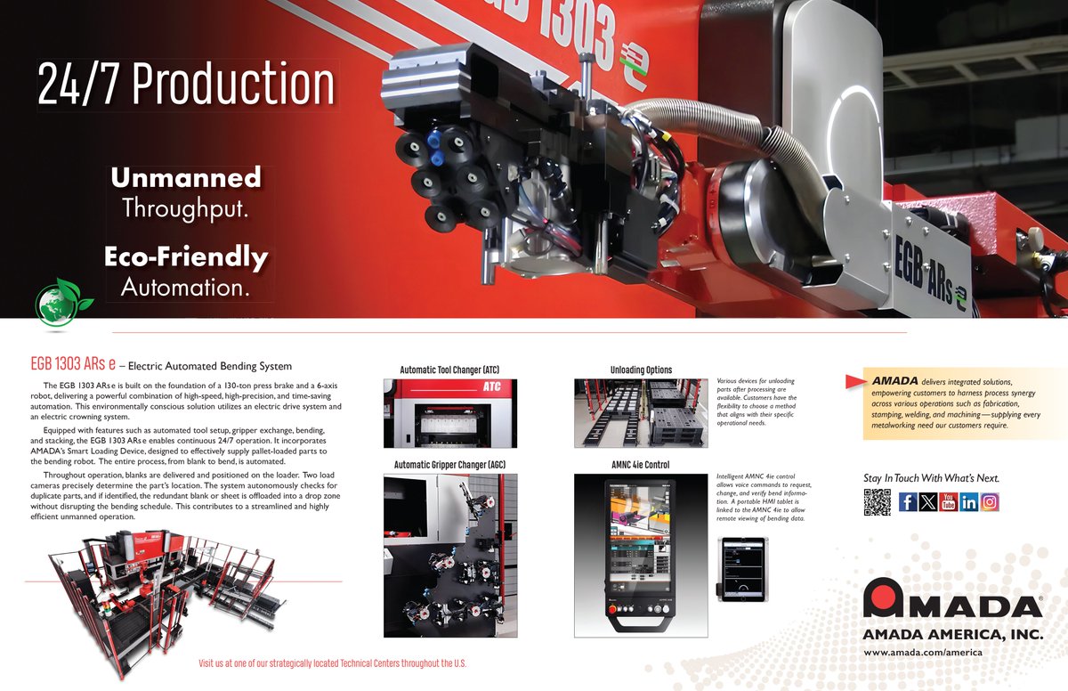 AmadaAmericaInc's tweet image. The EGB 1303 ARs #automatedbendingsystem consists of a 130-ton #pressbrake &amp;amp; a 6-axis #robot, delivering precise, high-speed &amp;amp; time-saving automation. Equipped w/ automated tool setup, gripper exchange, bending, &amp;amp; stacking, the EGB ARs enables 24/7 operation.