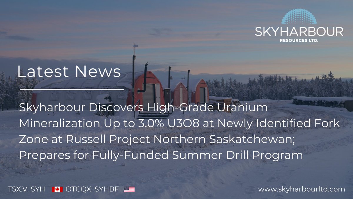 Skyharbour Drills New Discovery at Russell Project with High-Grade Uranium Mineralization Up to 3.0% U3O8 at Newly Identified Fork Zone; Prepares for Fully-Funded Summer Drill Program.

#Uranium #Exploration $SYH $SYHBF  

Read: skyharbourltd.com/news-media/new…