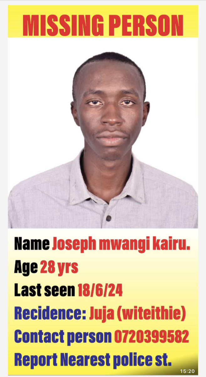 EmmanuelIgunza's tweet image. Please RT widely Joseph Mwangi Kairu, age 28 from Juja has been missing since 18/06/23.