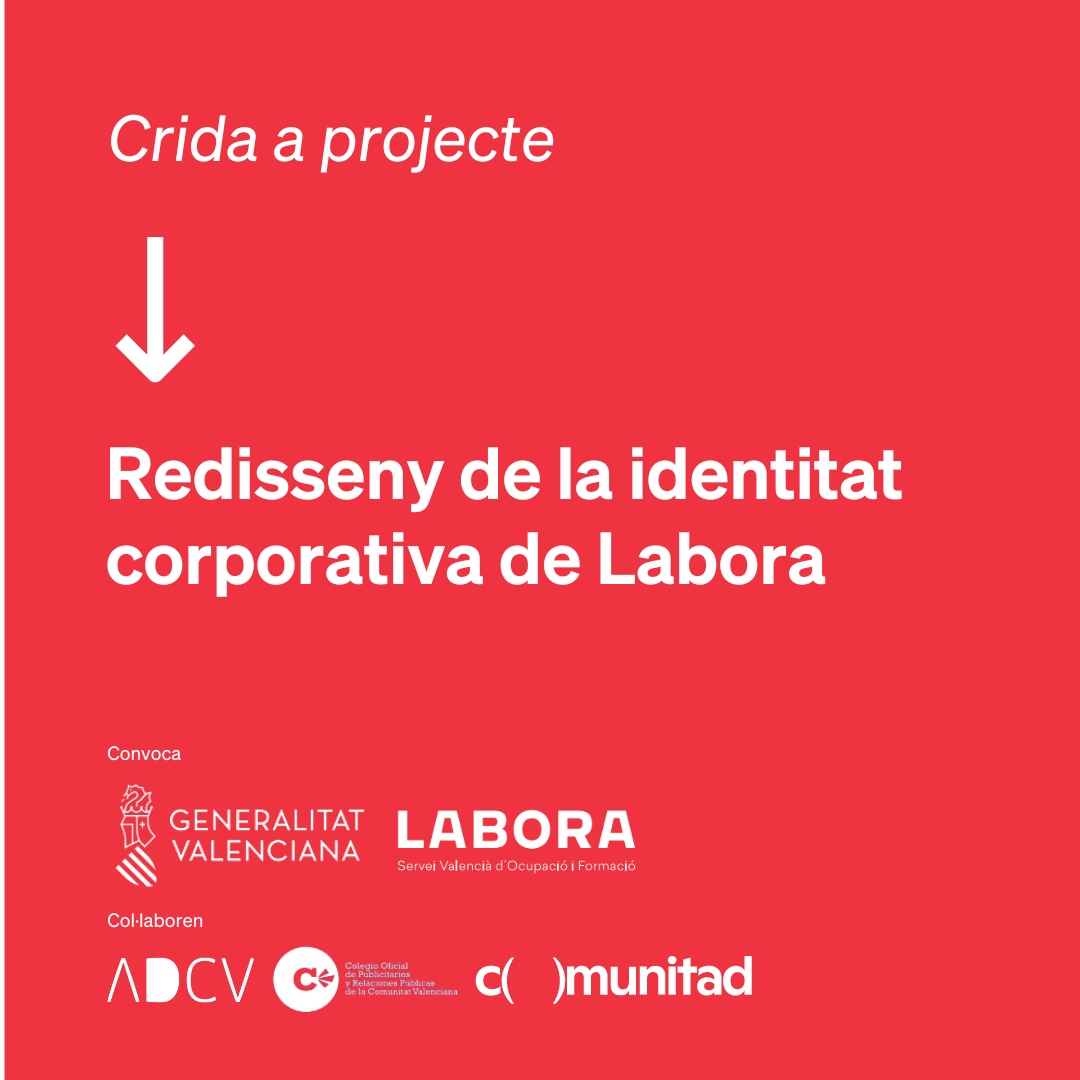 ADCV (@adcv_com) on Twitter photo ❌Crida a projecte: Redisseny identitat corporativa de <a href="/GVAlabora/">GVA LABORA</a>
Compta amb el suport de <a href="/ADCV_com/">ADCV</a>, <a href="/comunitAD/">comunitAD</a> i <a href="/ColPublirpCV/">Colegio Publicitarios y RRPP Comunitat Valenciana</a> i està dirigida a agències, estudis de disseny i professionals
🔺Pressupost: 14.500€+IVA
🔻Candidatures: Fins al 15.07
Bases📌labora.gva.es/va/tramit-info… ❌Crida a projecte: Redisseny identitat corporativa de <a href="/GVAlabora/">GVA LABORA</a>
Compta amb el suport de <a href="/ADCV_com/">ADCV</a>, <a href="/comunitAD/">comunitAD</a> i <a href="/ColPublirpCV/">Colegio Publicitarios y RRPP Comunitat Valenciana</a> i està dirigida a agències, estudis de disseny i professionals
🔺Pressupost: 14.500€+IVA
🔻Candidatures: Fins al 15.07
Bases📌labora.gva.es/va/tramit-info…