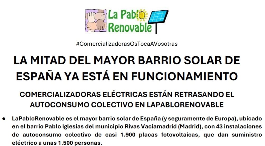 LaPabloRnovable's tweet photo. Hoy #LaPabloRenovable informamos que ya está en funcionamiento la mitad de nuestro barrio solar, aunque hay comercializadoras que lo están retrasando. Comunicado PDF: https://t.co/DgVoj1mOAt

#ComercializadorasOsTocaAVosotras facilitar los contratos de autoconsumo ¡YA! https://t.co/fmJE0i2nGy