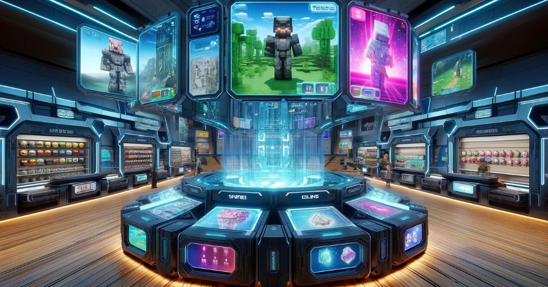 goecraftmc's tweet image. We asked AI to imagine Minecraft Marketplace in the year 2050! 🚀 Think sleek holographic interfaces, interactive displays, floating billboards, and 3D item previews. VR walkthroughs next?🤔✨

#minecraft #minecraftfuture #mineraftmarketplace #ai #virtualreality #chatgpt #scifi