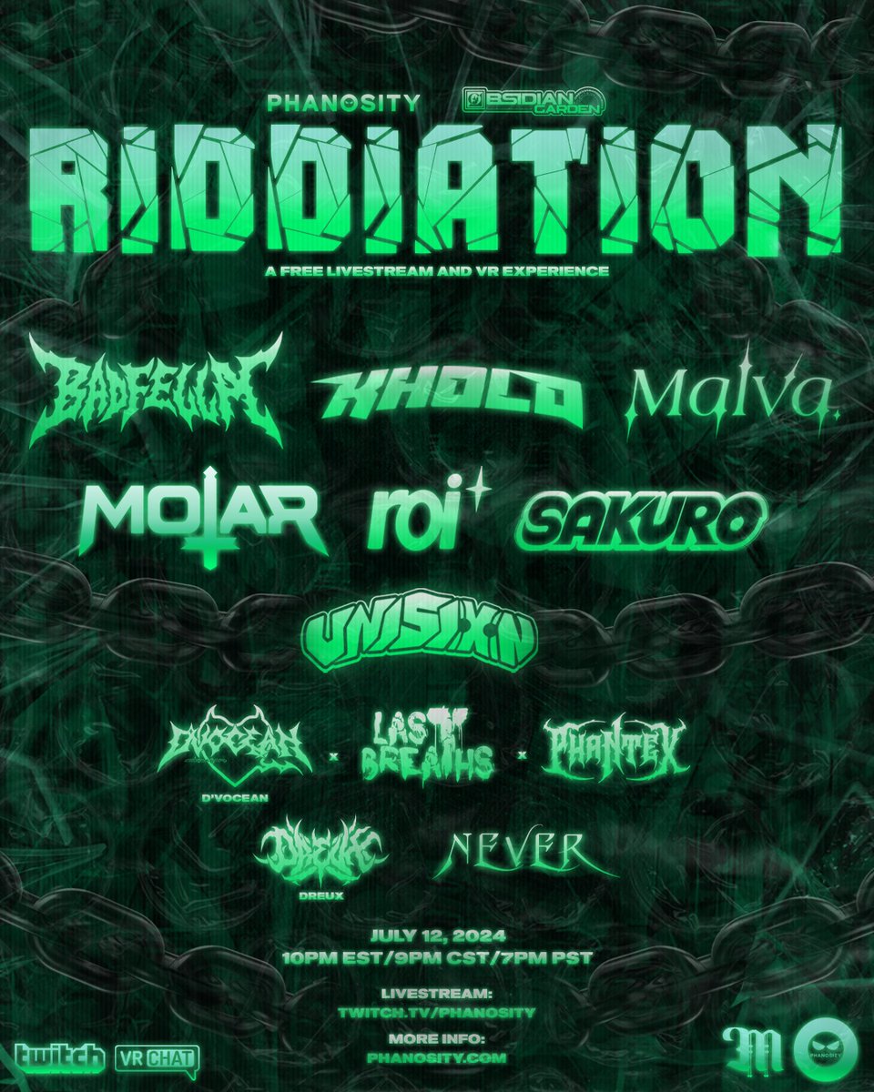 phanosity's tweet photo. RIDDIATION
A FREE RIDDIM LIVESTREAM & VR EXPERIENCE
FEATURING:
@itsBadfella / @khold_official / @prodmalva / #Motar / @roidubs / @sakurodubs / @unisixn
@DVXCEAN x @DVR_LB x @phantexo / @lllustrations / @FatherPassout
MORE INFO & VR ACCESS: https://t.co/m3AkA0iv5E https://t.co/7BauEN1F8j