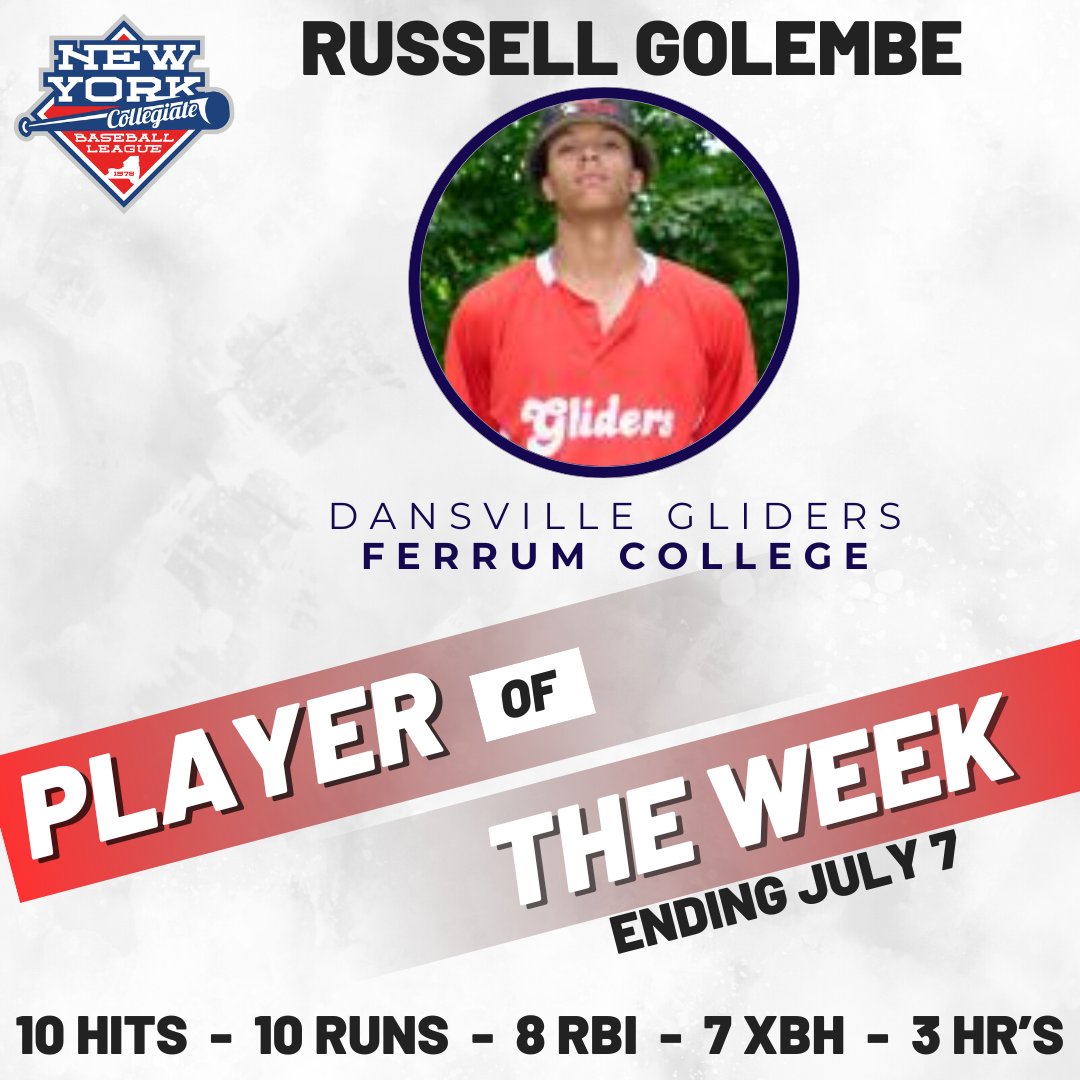 The NYCBL Week 5 (ending July 7th) PLAYER OF THE WEEK is Russell Golembe of the Dansville Gliders ⚾️