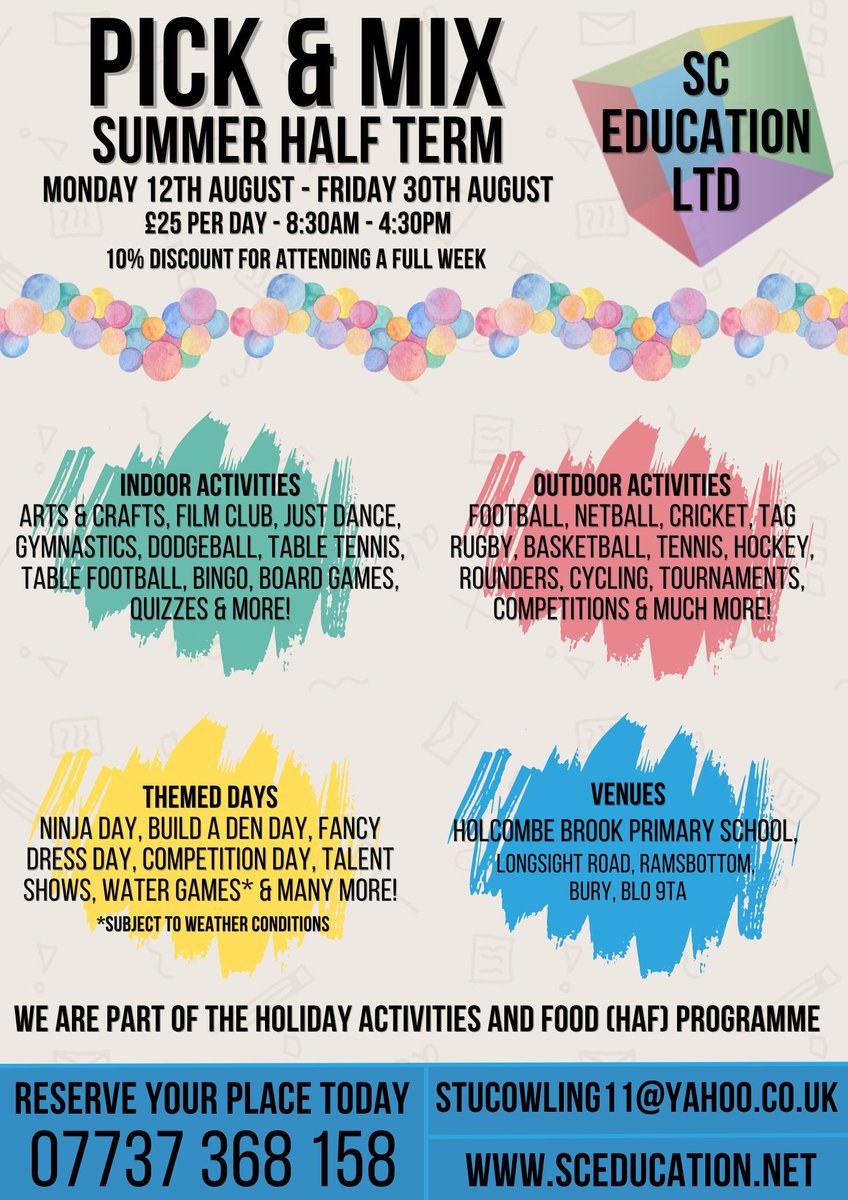SC Education Ltd (@sceducationltd) on Twitter photo 2 weeks to go until the start of our Pick n Mix Summer Holiday Programme. Spaces filling up fast so book on now to guarantee a spot for your child! <a href="/stjosephrcp/">St. Joseph’s RC Primary School</a> <a href="/Wesley_Primary/">@Wesley_Primary</a> <a href="/tps_pri/">Tottington Primary</a> <a href="/HolcombeBrook/">Holcombe Brook PS</a> 2 weeks to go until the start of our Pick n Mix Summer Holiday Programme. Spaces filling up fast so book on now to guarantee a spot for your child! <a href="/stjosephrcp/">St. Joseph’s RC Primary School</a> <a href="/Wesley_Primary/">@Wesley_Primary</a> <a href="/tps_pri/">Tottington Primary</a> <a href="/HolcombeBrook/">Holcombe Brook PS</a>