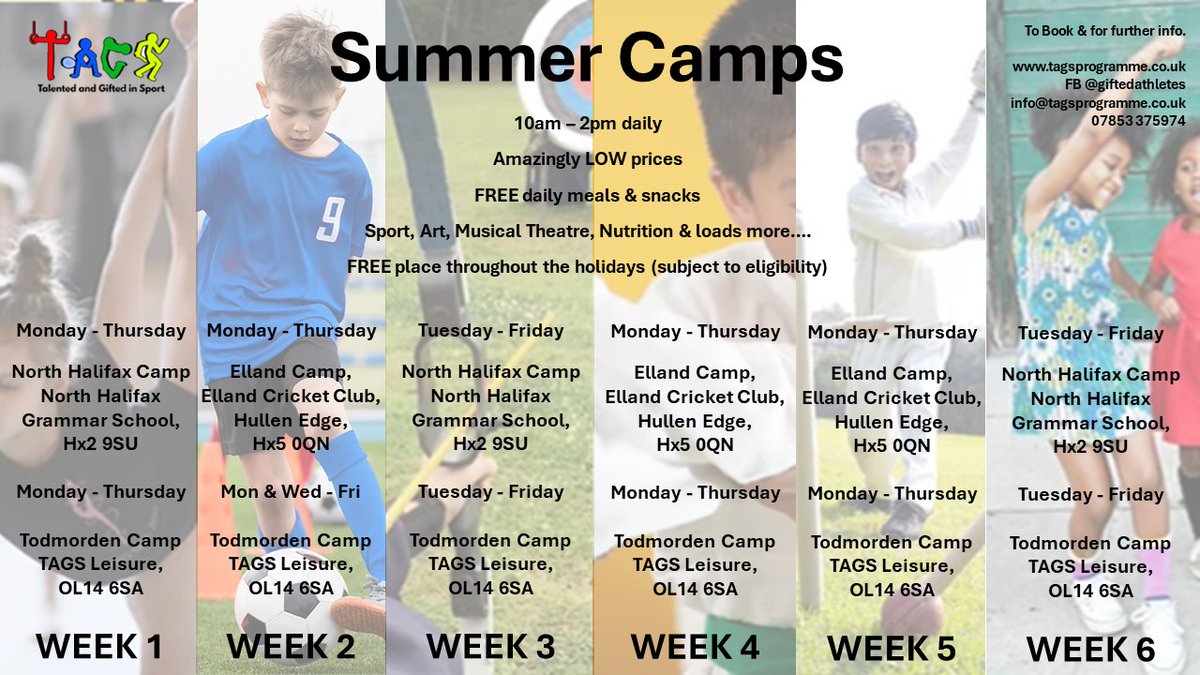 tagsprogramme's tweet photo. Summer Camps
We have a few places left on our 12 @HAFCalderdale camps.

#Elland 
https://t.co/9ToCXNn6oq

#NorthHalifax https://t.co/ar4zZVDTfd

#Todmorden https://t.co/XeTskJufCE

@EllandCC 
@NHGS &amp; @tagsprogramme 

Sports, Arts, Crafts, Musical Theatre, Meals &amp; Snacks

#HAF2024 https://t.co/Sy0PVZ5AoZ