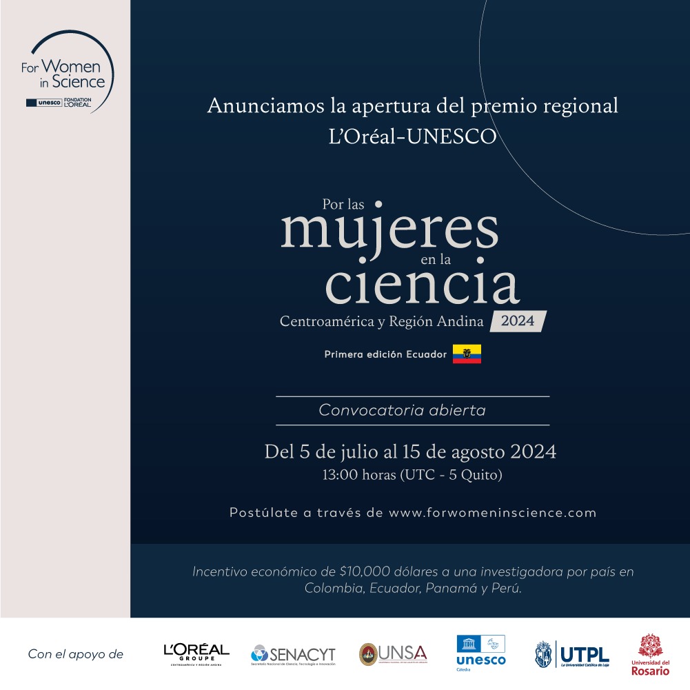 UNESCOQuito's tweet photo. 📣 Convocatoria al Premio Regional L'Oréal- @UNESCO For Women in Science Centroamérica y Región Andina 2024, por primera vez en Ecuador 🇪🇨 en alianza con la @UTPL. 👩‍🔬 ¡Por las Mujeres en la Ciencia!

🔬Postula hasta el 15 de agosto https://t.co/4dyV7Pb7Om https://t.co/jq0G7fvt8U