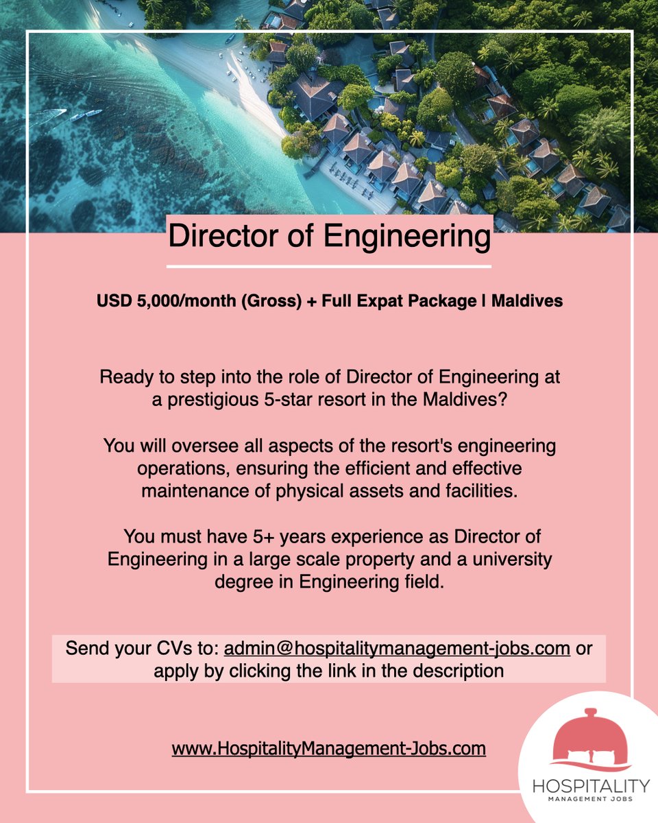 HMJobs2023's tweet image. Seeking a visionary Director of Engineering 🌴 to lead the 5-star resort&apos;s maintenance team in the stunning Maldives.

Click here &amp;amp; Apply: recruitcrm.io/apply/17204340…
Or send your CV to: admin@hospitalitymanagement-jobs.com

#MaldivesJobs #EngineeringDirector