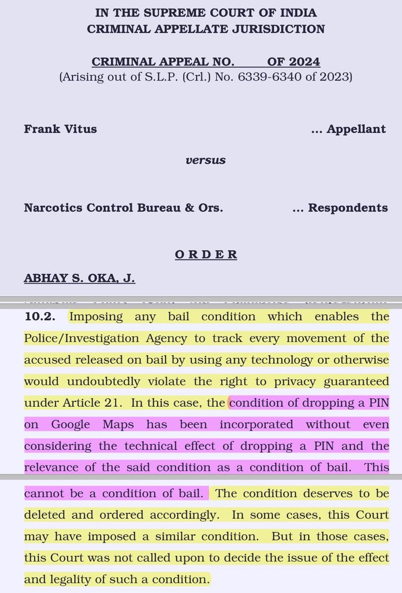 CiteCase's tweet image. #SupremeCourt today held that the bail condition of dropping a PIN on Google Maps cannot be imposed.

Imposing any bail condition which enables the Police/Investigation Agency to track every movement of the accused released on bail by using any technology or otherwise would…