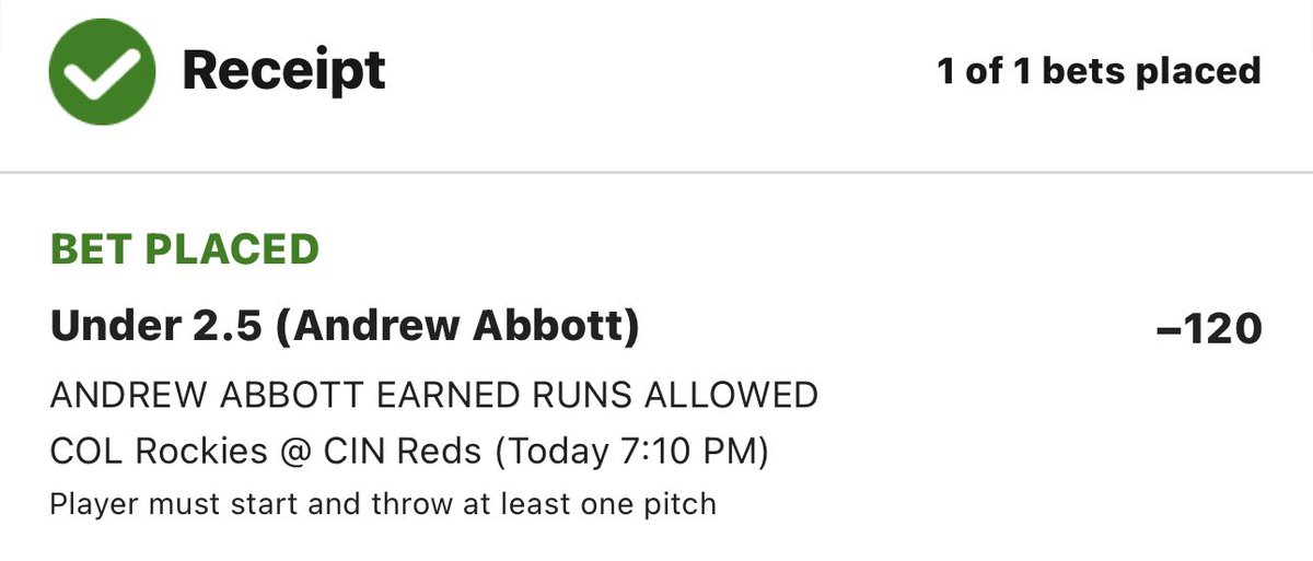Daily <a href="/TrustTheData/">🧠Trust The Data🧠</a> MLB Pick

Andrew Abbott Under 2.5 Earned Runs
-120

Going for FIVE in a row!

Record: 54-47 (53.5%)
Units: -0.17
Streak: W4

⚾️Andrew Abbott has given up 2 or less ER in 4 of last 5 starts
⚾️The Rockies are hitting .223/.282/.349 on the road in 2024
⚾️Over the