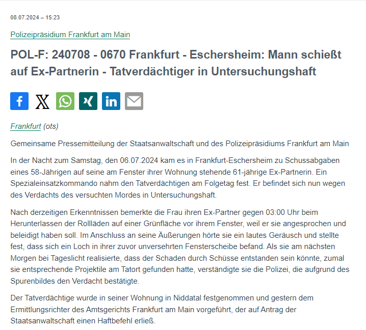 Polizei_Ffm's tweet photo. In der Nacht zum Samstag kam es in #Frankfurt #Eschersheim zu Schussabgaben eines 58-Jährigen auf seine am Fenster ihrer Wohnung stehende Ex-Partnerin.
Ein Spezialeinsatzkommando nahm den Tatverdächtigen fest.
Er befindet sich nun wegen des Verdachts des versuchten Mordes in Untersuchungshaft.
🗞️https://t.co/JKGjvjZ74B