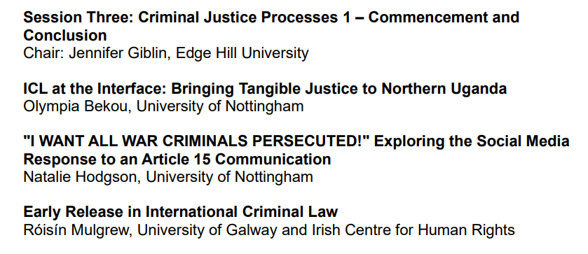 Human Rights Law Centre (HRLC) (@uonhrlc) on Twitter photo Session three - the first of two today exploring criminal justice processes - focuses on commencement & conclusion. Chaired by <a href="/JenniferGiblin1/">Dr Jennifer Giblin</a> from @ehu_lcp, w/ presentations from <a href="/UoN_Law/">Nottingham Law</a>'s <a href="/olympiabekou/">Prof. Olympia Bekou</a> & <a href="/natkhod/">Natalie Hodgson</a>, & <a href="/UniofGalwayLaw/">University of Galway Law</a>'s @MulgrewRoisin #UoN_ICL24 #IntlCrimJustice Session three - the first of two today exploring criminal justice processes - focuses on commencement & conclusion. Chaired by <a href="/JenniferGiblin1/">Dr Jennifer Giblin</a> from @ehu_lcp, w/ presentations from <a href="/UoN_Law/">Nottingham Law</a>'s <a href="/olympiabekou/">Prof. Olympia Bekou</a> & <a href="/natkhod/">Natalie Hodgson</a>, & <a href="/UniofGalwayLaw/">University of Galway Law</a>'s @MulgrewRoisin #UoN_ICL24 #IntlCrimJustice