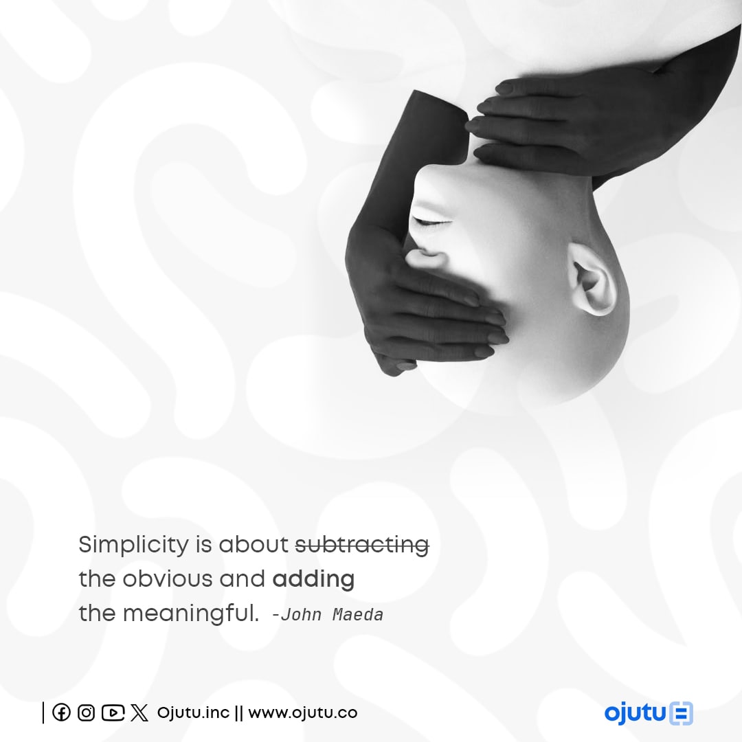 Ojutu_Inc's tweet image. In a world overloaded with information, simplicity is key. It's not about removing features but about enhancing value. Focus on what's meaningful, and let go of the rest.  #Simplicity #MeaningfulDesign #JohnMaeda #Minimalism #DesignThinking #Innovation #Clarity #Efficiency