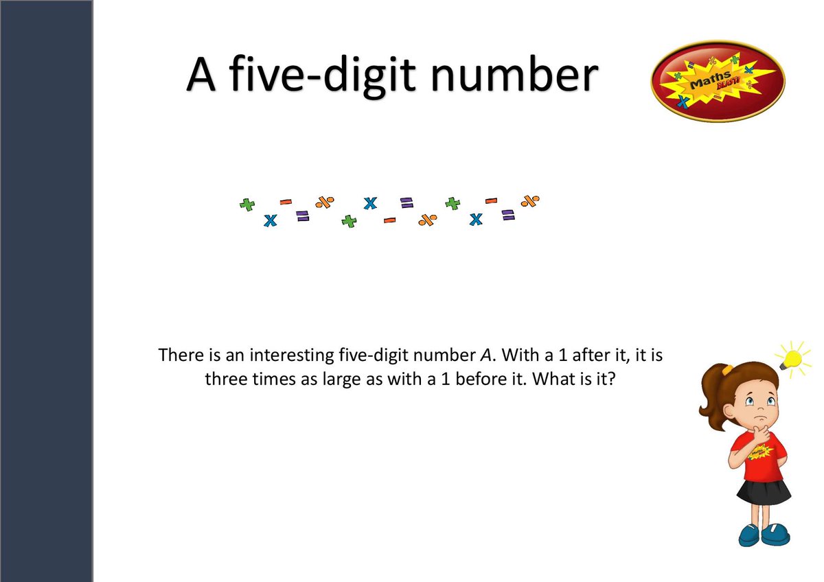 I'm thinking of a number. Can you use algebra to work it out? Solution at: mathsblast.com/afivedigitnumb…