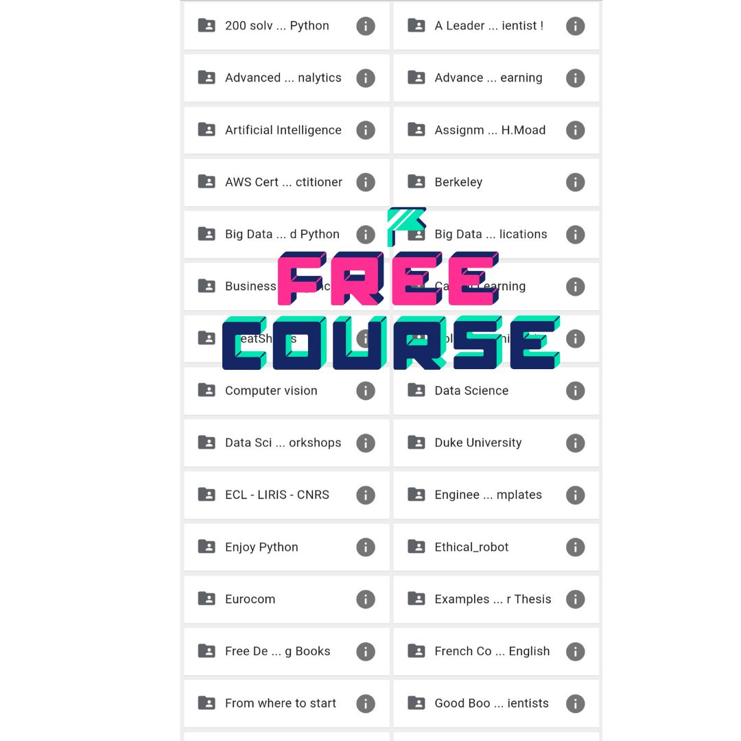 **Get 10 FREE Courses!** 📚

1. Artificial Intelligence
2. Python 
3. Cloud Computing
4. Ethical Hacking
5. Data Analytics
6. AWS Certified
7. Data Science
8. Big Data
9. Machine Learning 
10. MBA

To get it 
- Like &amp; Retweet
- Comment "Free"
- Follow me for a DM!