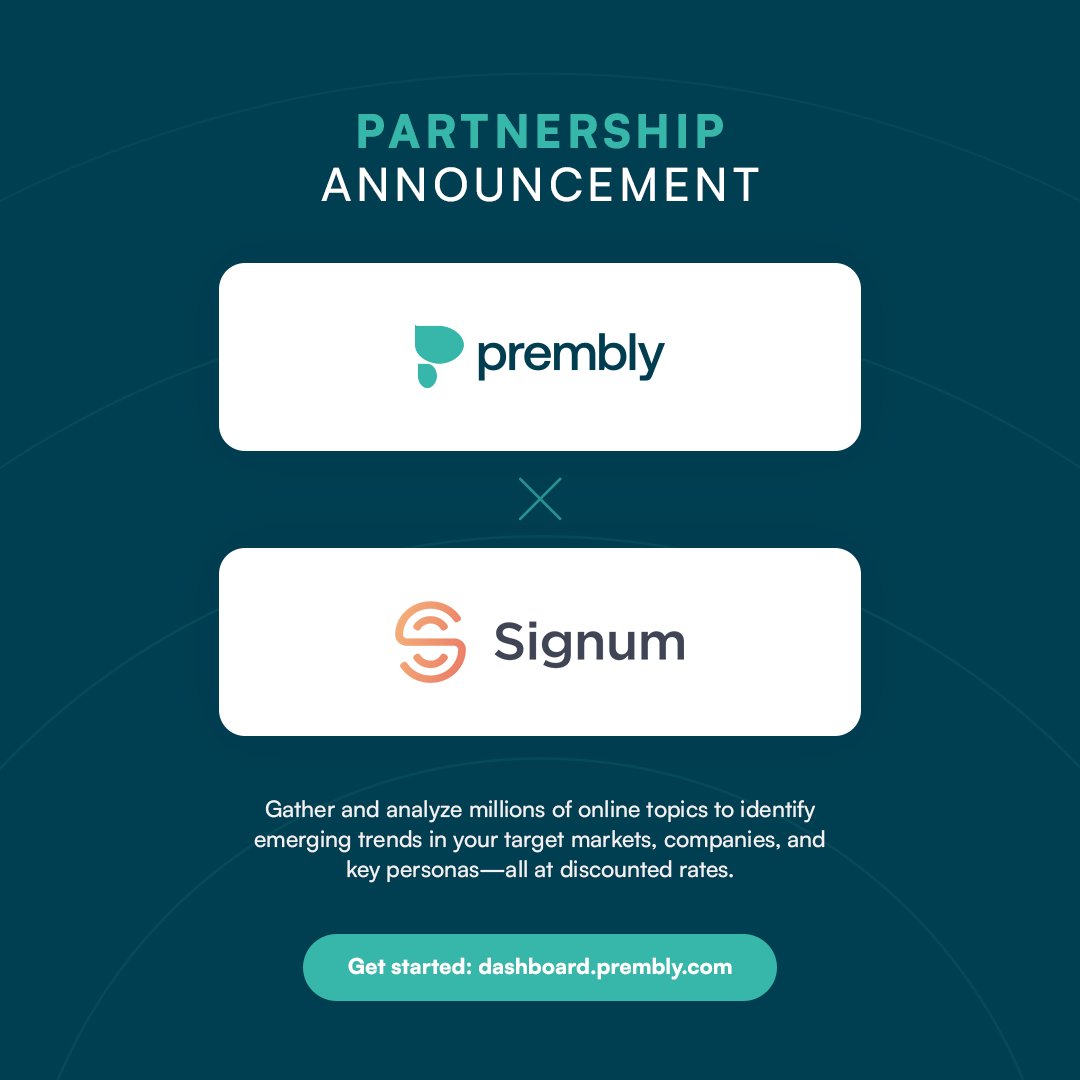 prembly's tweet image. P R E M B L Y x S I G N U M 🤝
…
We’re excited to announce our partnership with @SignumAI 

Startups in our ecosystem can confidently gather and analyze millions of online topics to identify emerging trends in your target markets, companies, and key personas—all at discounted…