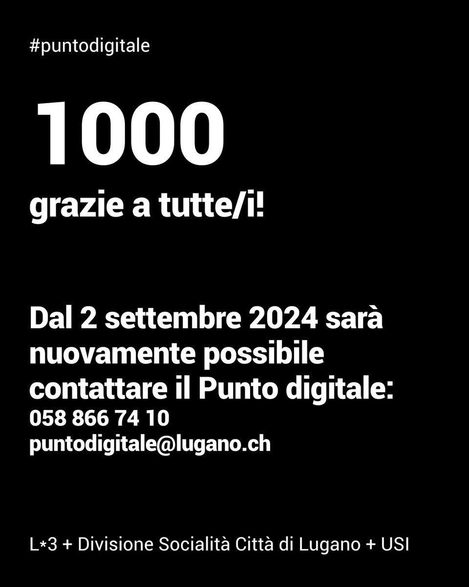 #digitalskills
#serviziopubblico
Si è concluso il secondo anno del progetto sperimentale della
Città di Lugano #PuntoDigitale.
Punto digitale è coordinato dalla Divisione socialità della Città di Lugano in collaborazione con Università della Svizzera italiana e
#LuganoLivingLab