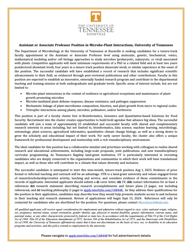 We're hiring! For Fall 2025, Assistant/Associate Professor in the area of Microbe-Plant Interactions.