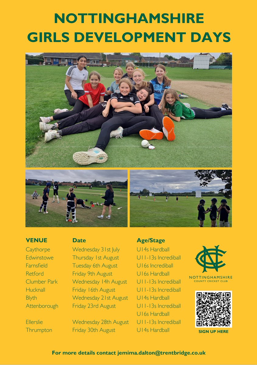 We are running 11 cricket camps aimed at girls looking to take the next steps in their cricketing journey. 

We have 6 days aimed at helping girls transition into hardball or women’s softball cricket; and 5 for honing their hardball skills.

✉️ Jemima.Dalton@trentbridge.co.uk