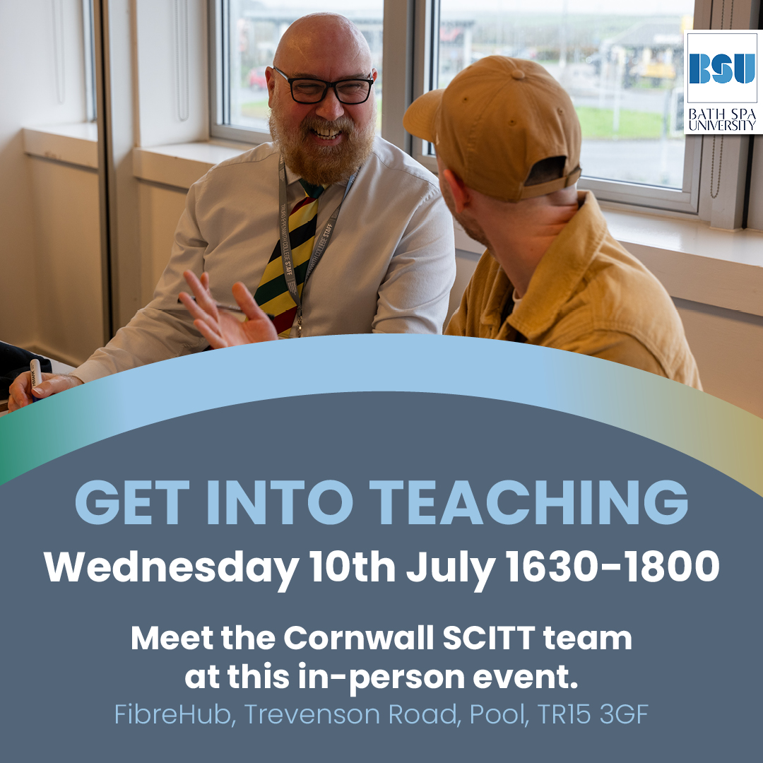 It’s not too late to apply for our #TeacherTraining programmes commencing in September.
Come along to our event on Wednesday 10th at the Fibrehub, Pool 16.30-18.00 to find out more. 
Sign up here: forms.office.com/e/47K2tiyzqM
#TrainToTeach #GetintoTeaching #Cornwall #Education #SCITT