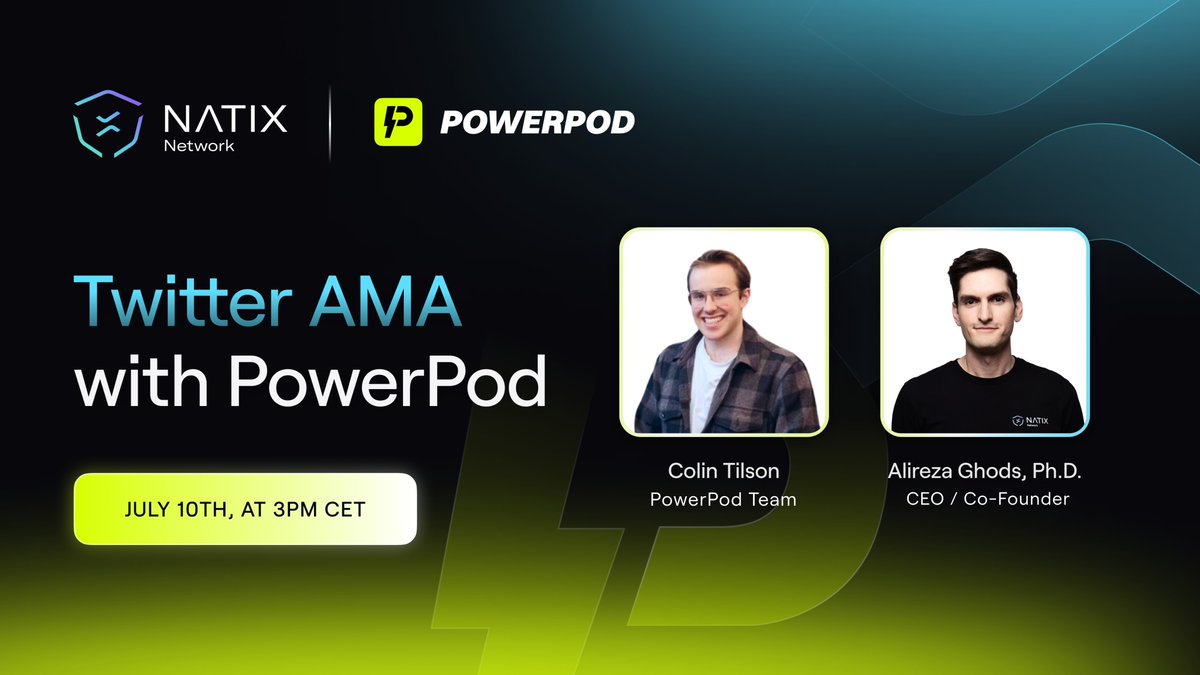 #DePIN drivers, we have an electric AMA for you with <a href="/AlirezaGhods2/">Alireza Ghods</a> and PowerPod's <a href="/MaximumC01in/">ColinMaxxing</a> ⚡️

📆July 10 | 3 PM CET 📆

x.com/i/spaces/1OwxW…

Rewards 🎁: 
1x PowerPod Pulse I
5x 5 Drive&amp; GEMs

Requirements:
Like &amp; RT this post
Follow <a href="/NATIXNetwork/">NATIX Network</a> &amp; <a href="/PowerPod_People/">PowerPod</a>