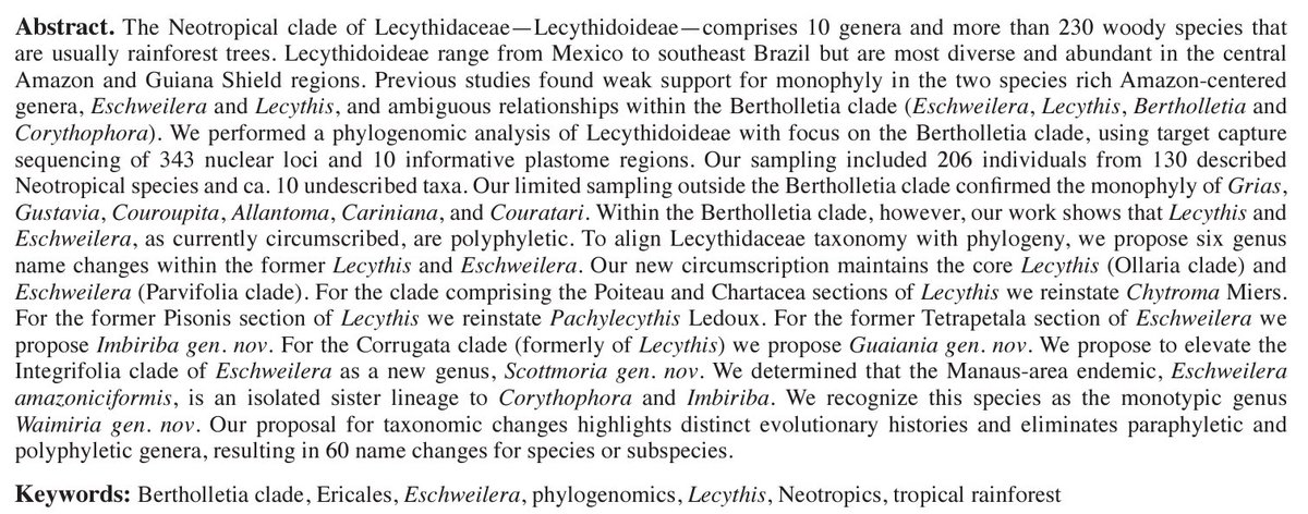 Christopher Dick, PhD (@cwdickd) on Twitter photo Sharing a new phylogeny of the Brazil nut family and a revised classification its two most important Amazon tree genera, Lecythis and Eschweilera. OA links in thread. @evoblackrim <a href="/dianamedellinz/">Diana MedellĂn Z.</a> @Oscarmvargash <a href="/phylodrew/">Drew Larson</a> <a href="/XavierKonejo/">Xavier Cornejo</a> <a href="/ForestPlots/">ForestPlots</a> Sharing a new phylogeny of the Brazil nut family and a revised classification its two most important Amazon tree genera, Lecythis and Eschweilera. OA links in thread. @evoblackrim <a href="/dianamedellinz/">Diana MedellĂn Z.</a> @Oscarmvargash <a href="/phylodrew/">Drew Larson</a> <a href="/XavierKonejo/">Xavier Cornejo</a> <a href="/ForestPlots/">ForestPlots</a>