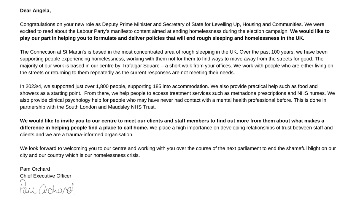 This morning, our CEO Pam Orchard wrote to Angela Rayner's office

As the new Secretary of State for Housing, we hope to work with her and her team to end rough sleeping in Westminster for good

connection-at-stmartins.org.uk/news-item/ange…

#TheConnection #EndingHomelessness #LabourUK
