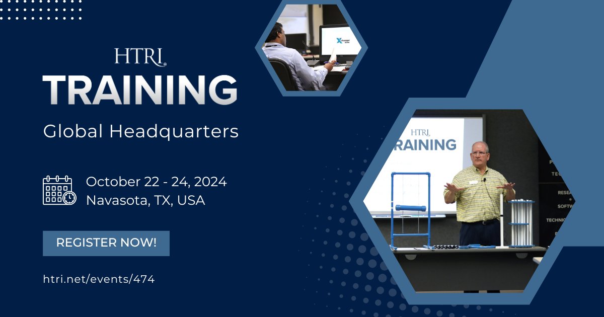 HeatTransfer's tweet photo. HTRI invites you to a three-day training event hosted at the HTRI Global Headquarters in Navasota, Texas, USA. Join us for the following training conducted in Xchanger Suite® 9.2.1. We look forward to seeing you in Navasota!
https://t.co/ymljcEbE1e
#HTRItraining https://t.co/3JBVS19XK8