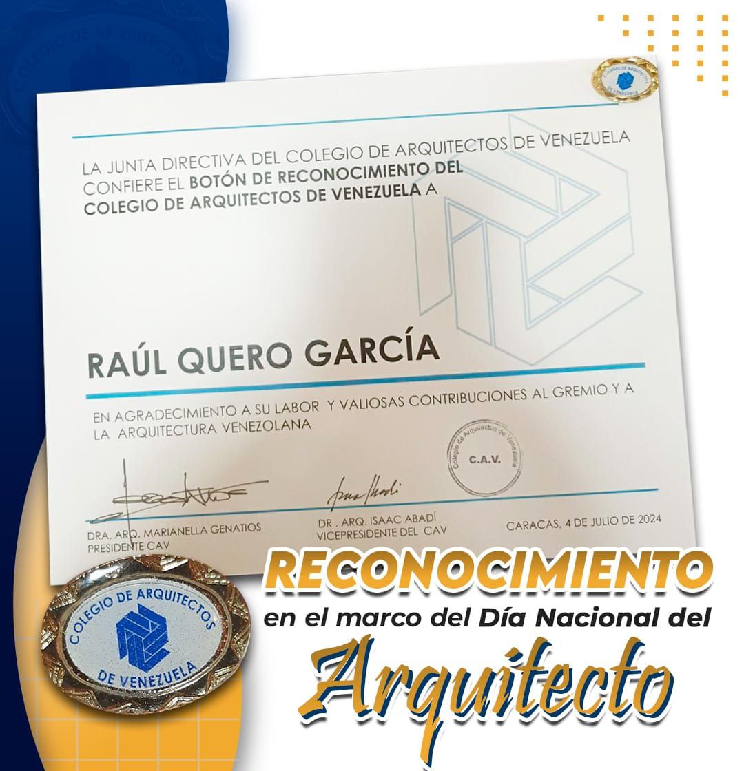 UTSBarcelona's tweet photo. El Colegio de Arquitectos de Venezuela en ocasión de celebrar su día, le otorgó a nuestro Director Nacional el Dr Raúl Quero García, el "Botón a la Excelencia Académica", por su valioso aporte en conjunto con su equipo educativo en la formación 

  ¡Felicidades! ♥️ https://t.co/p4jF74RRvr
