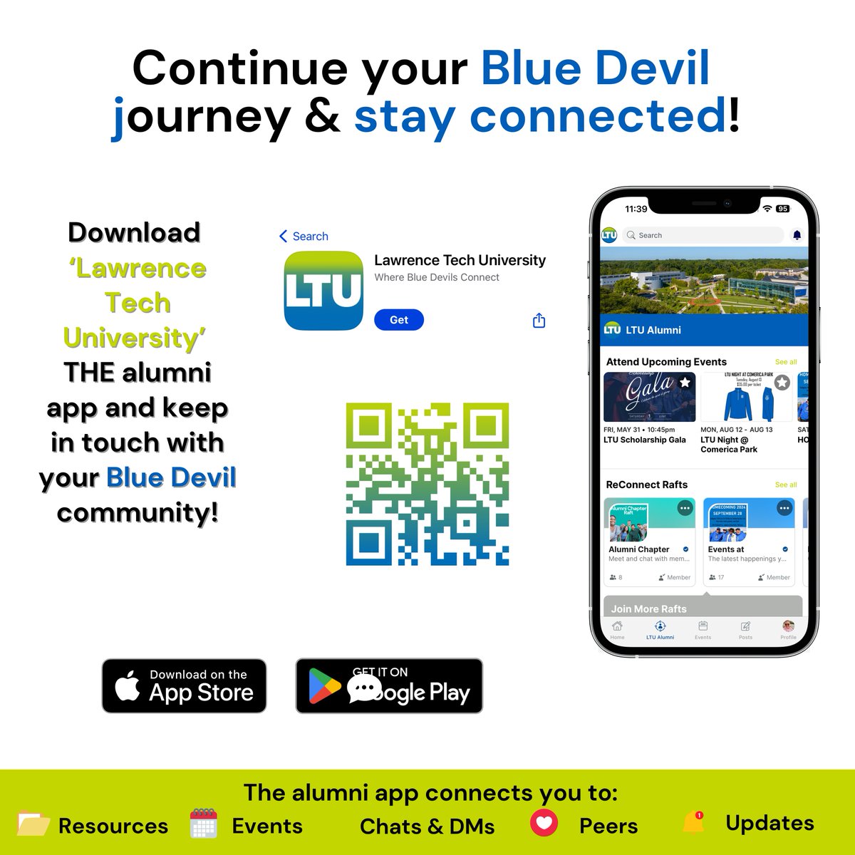 Download the new Lawrence Tech University alumni app by scanning the QR code! ⬇️

After the app goes live on July 24, you can connect with fellow Blue Devils from Greek life, athletics, motorsports, your graduation year and more! 

#WeAreLTU #LTUAlumni