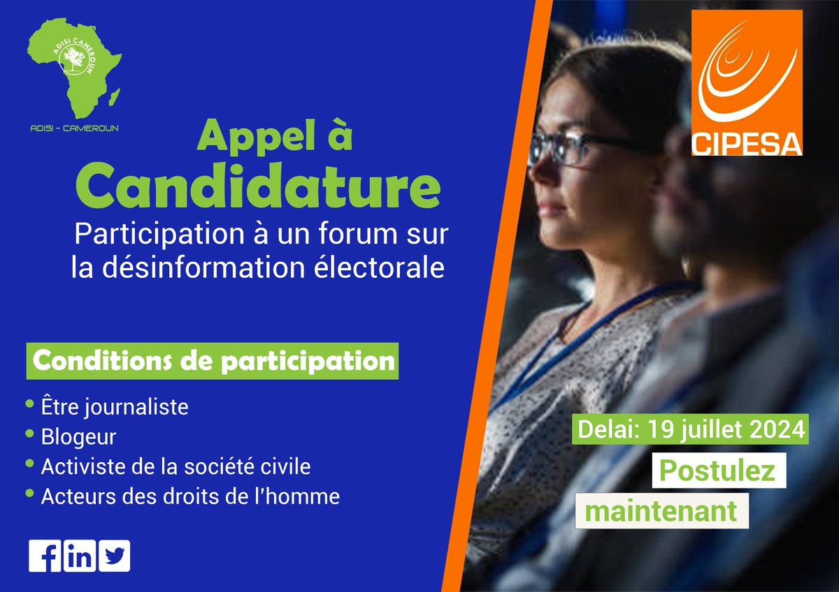 AdisiCameroun's tweet photo. 𝐀𝐩𝐩𝐞𝐥 𝐚̀ 𝐂𝐚𝐧𝐝𝐢𝐝𝐚𝐭𝐮𝐫𝐞 Vous êtes #journaliste, #bloggeur, #activiste_de_la_société_civile, #acteurs_des_droits_de_l’homme et passionné par les #enjeux_de_la_désinformation? 𝐏𝐨𝐬𝐭𝐮𝐥𝐞𝐳 𝐢𝐜𝐢 :⬇️ https://t.co/JJx5yrCi8Q…
@cipesaug https://t.co/HKaiNOIiEl