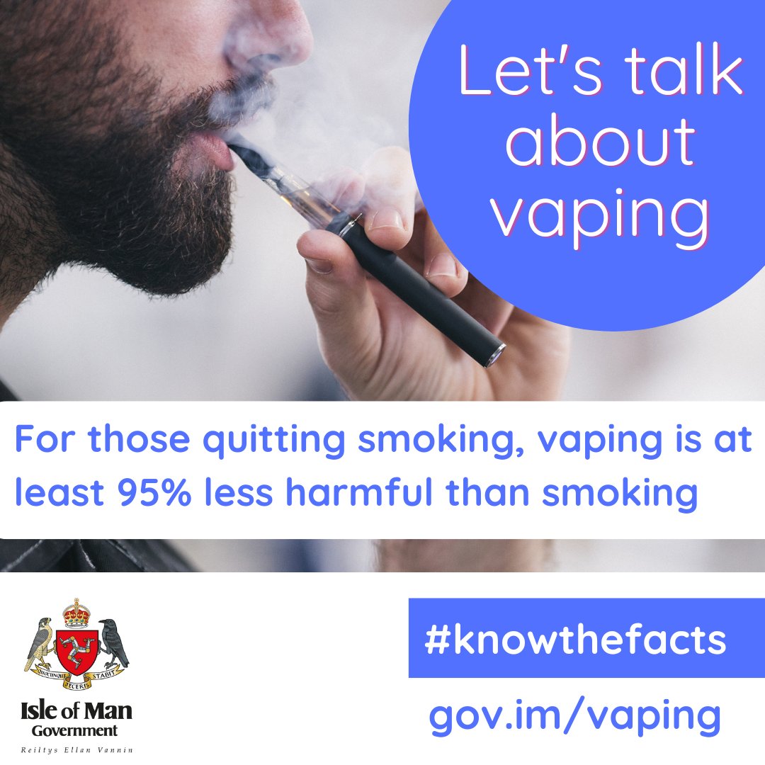 Did you know?

For adults who want to stop smoking, vaping is at least 95% less harmful than smoking and can be an effective way of quitting tobacco products.

gov.im/vaping #vaping #knowthefacts