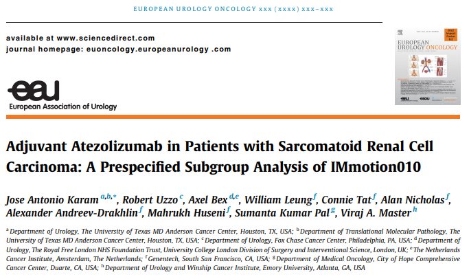 montypal's tweet photo. Congrats to #DrJoseKaram @MDAndersonNews & @virajmaster @WinshipAtEmory who drove this important subanalysis of pts in #IMmotion010 who had sarcomatoid features. No statistically significant difference in DFS - curves shown below. So appreciative of @UroOnc members like Jose & Viraj who really drove accrual to this trial. @Robert_Uzzo @wandering_gu @KidneyCancerDoc