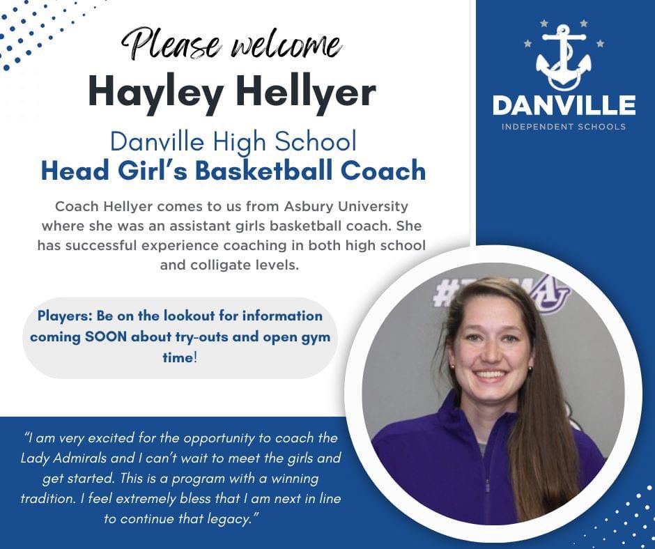 Joe Mathis (@htrjoe) on Twitter photo Danville names Hayley Hellyer as the new <a href="/DHSLadyAdsBBall/">DHS Lady Ads GBB</a> head coach
Hellyer played high school basketball at Boyle Co, where she’s in the athletic hall of fame, college ball at Campbellsville and comes to Danville after serving as asst coach at Asbury Danville names Hayley Hellyer as the new <a href="/DHSLadyAdsBBall/">DHS Lady Ads GBB</a> head coach
Hellyer played high school basketball at Boyle Co, where she’s in the athletic hall of fame, college ball at Campbellsville and comes to Danville after serving as asst coach at Asbury