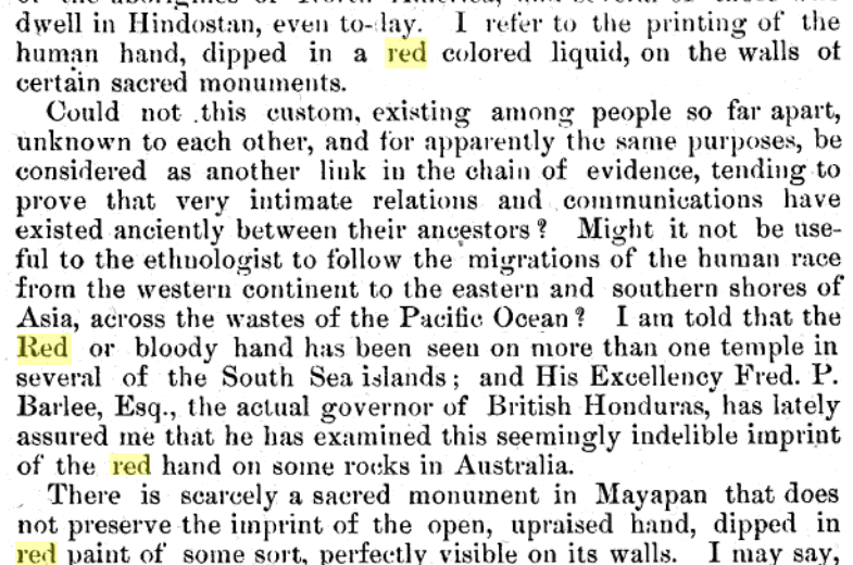 AmericanEgypt's tweet photo. Augustus Le Plongeon, who discovered and named the chac mool, was a diffusionist who believed culture from Mesoamerica influenced the Eastern Hemisphere. One of his proofs was "Red Hands" art, which Paleolithic peoples decorated cave walls on every continent. #ChacMoolMonday https://t.co/4tP7z1iYf9
